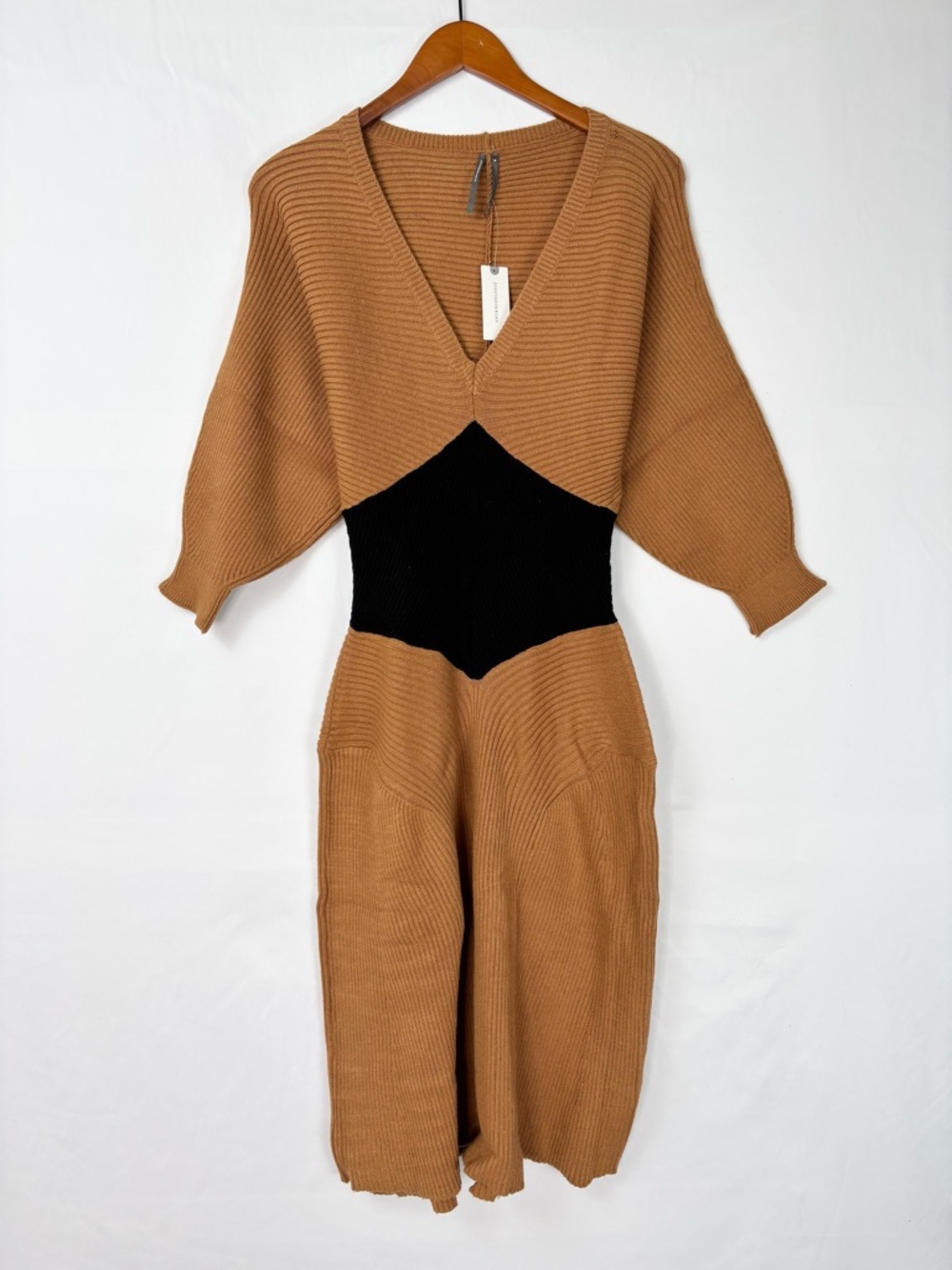NEW Anthropologie Smocked Waist Ribbed Sweater Dress Brown Flax Midi Long Sleeve